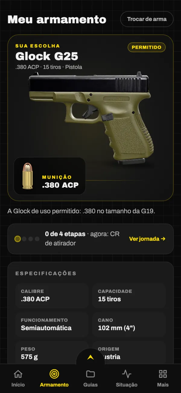 Tela Meu armamento: a arma escolhida e o caminho até ela