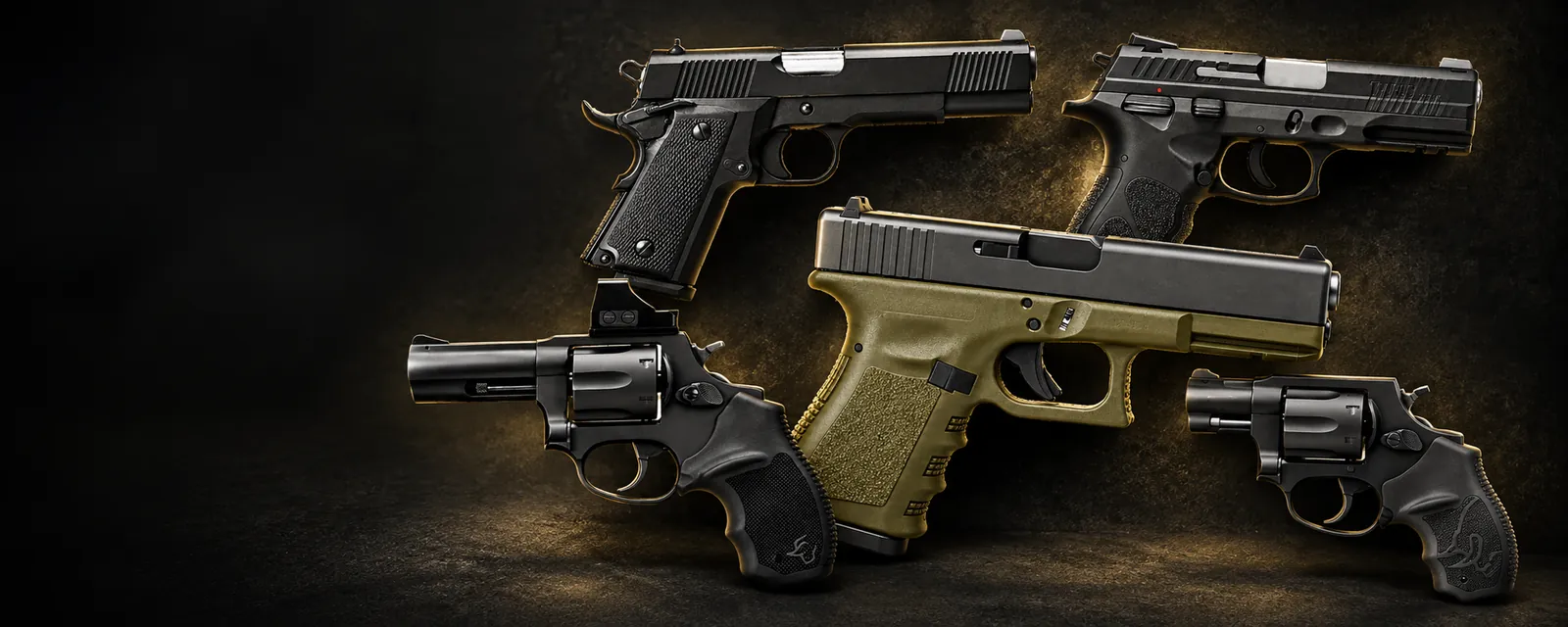 Pistolas e revólveres em composição sobre fundo escuro