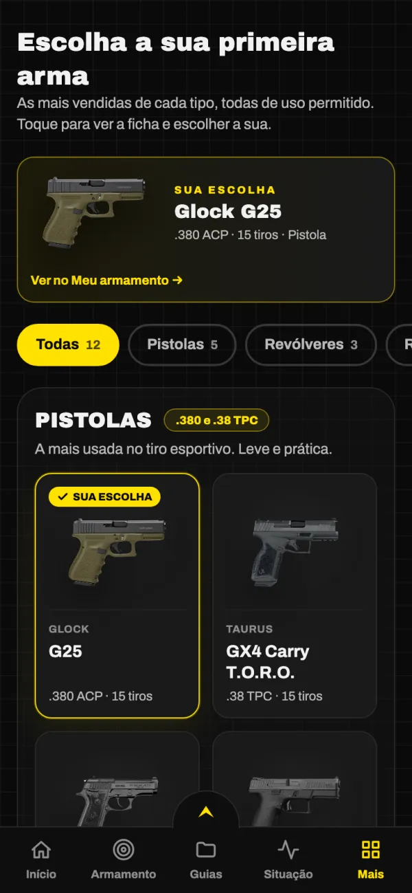 Tela do catálogo: escolha a sua primeira arma entre as de uso permitido.