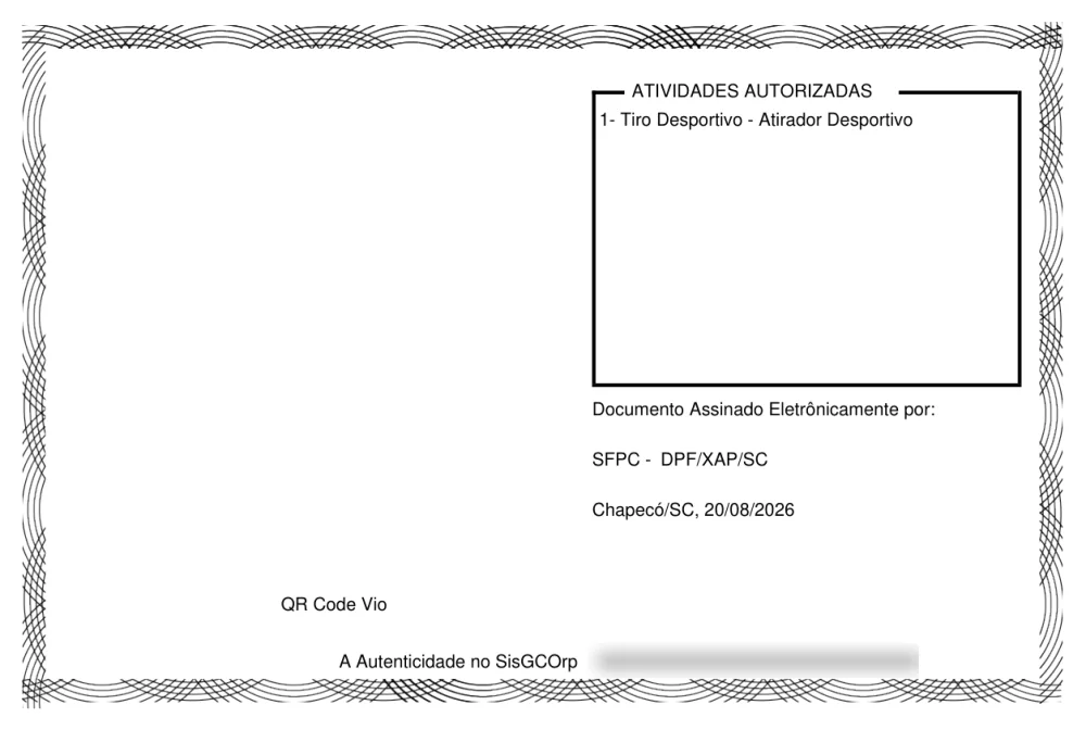 Verso de um CR com a atividade autorizada: tiro desportivo, atirador desportivo.