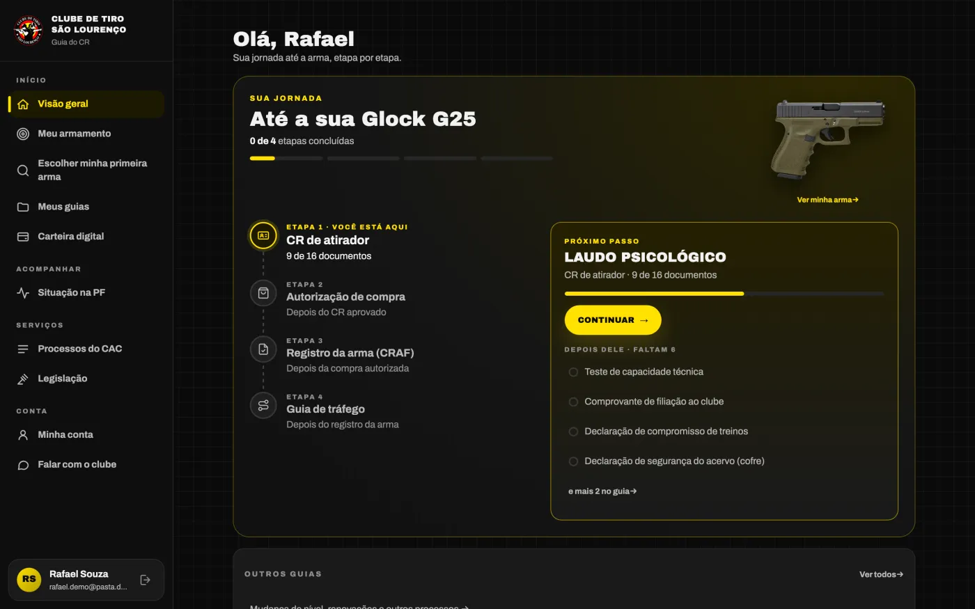 O app no computador: visão geral com o próximo passo, avisos e prazos.