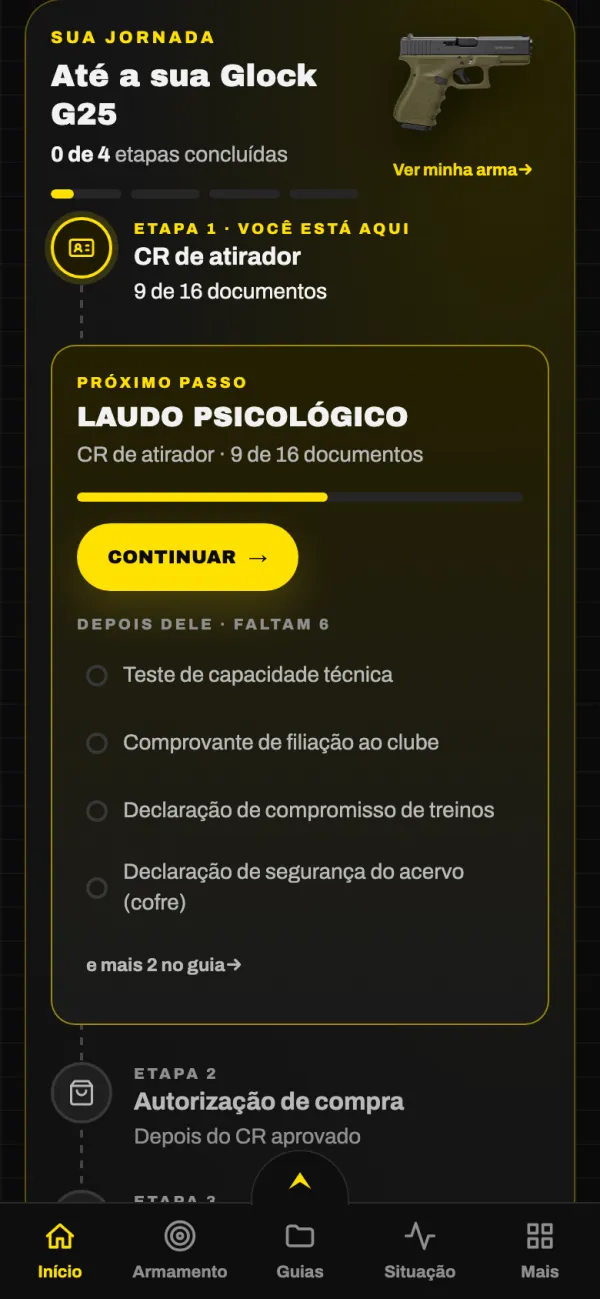 Tela da jornada: do CR até a arma, com as etapas concluídas e o próximo passo.