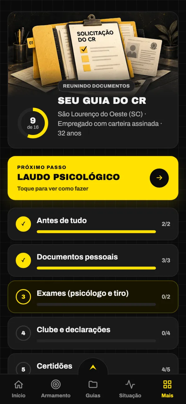 Tela do app: o guia do CR com 9 de 16 documentos reunidos e o próximo passo em destaque.
