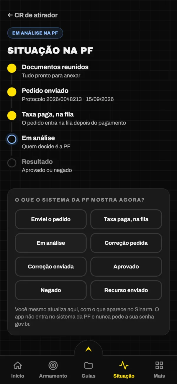 Tela da situação na PF com o protocolo e o andamento.
